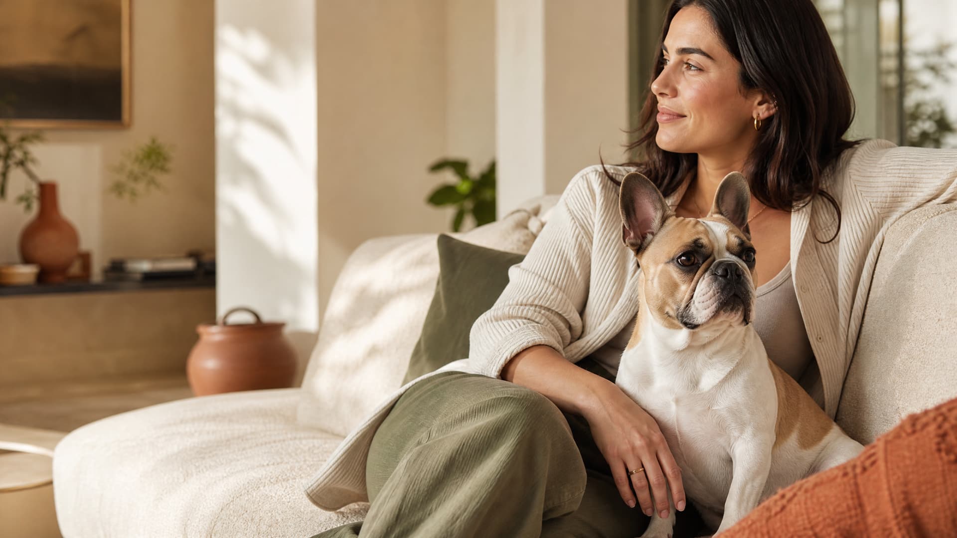Tutora sentada en un sillón acariciando a su Bulldog Francés