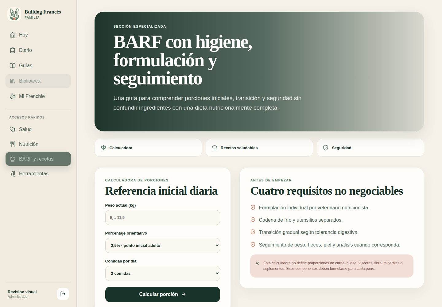 Sección BARF con fundamentos y porciones orientativas