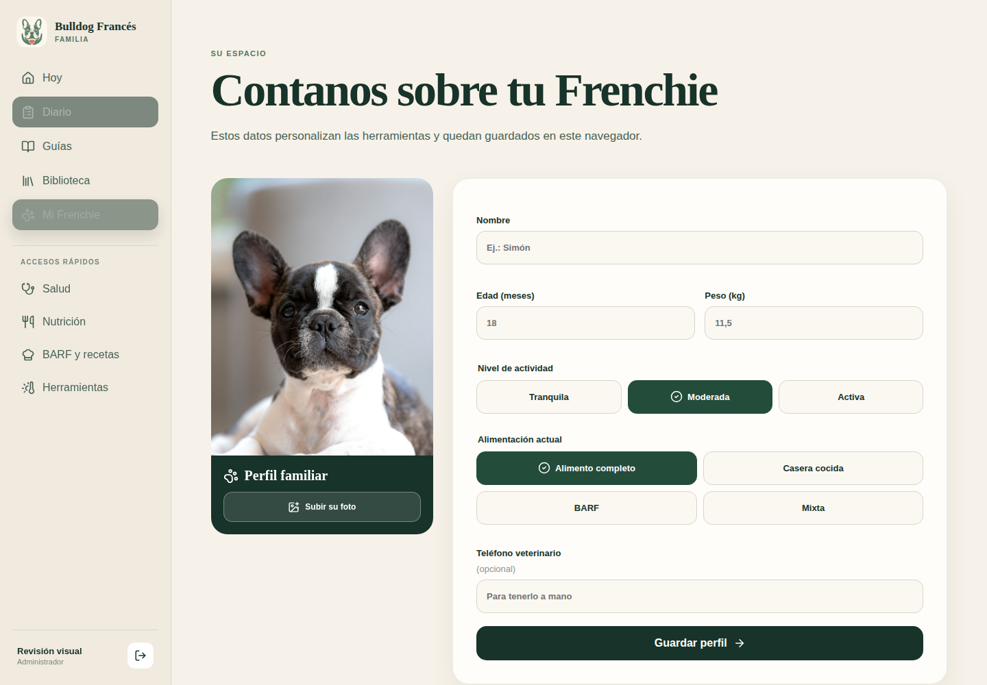 Perfil Mi Frenchie en el celular, con foto, peso y hábitos