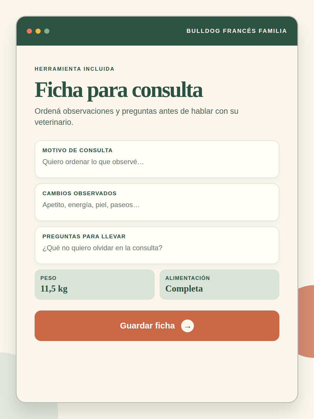 Vista previa de la herramienta Ficha para la consulta veterinaria