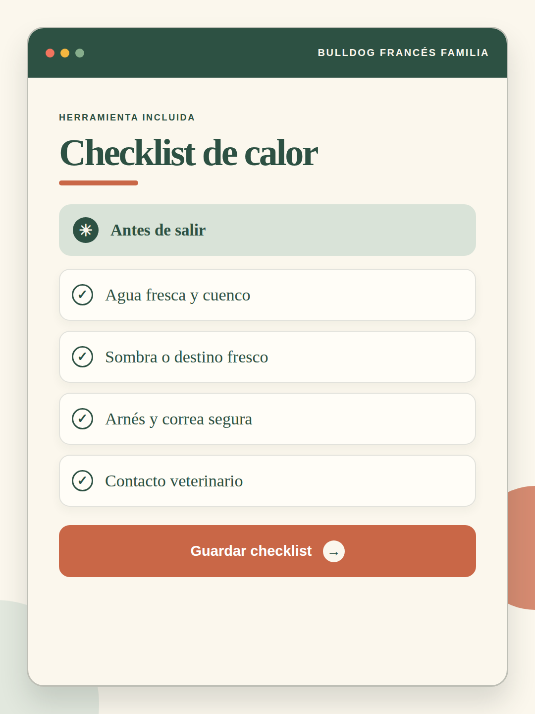 Vista previa de la herramienta Checklist Frenchie y calor
