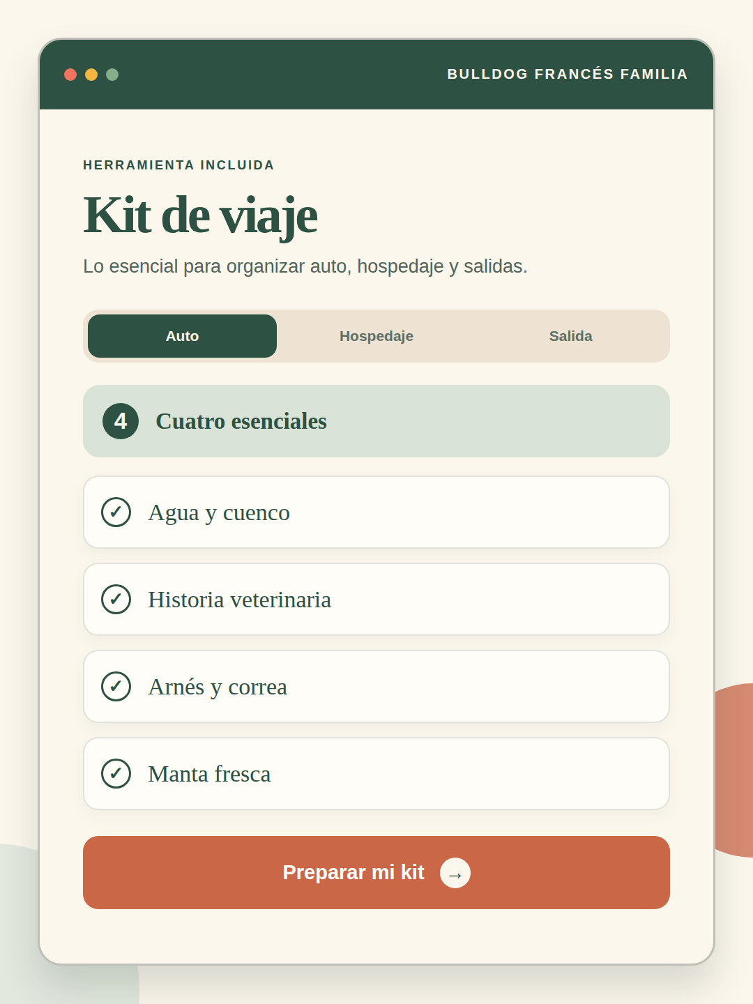 Vista previa de la herramienta Kit de viaje con tu Frenchie